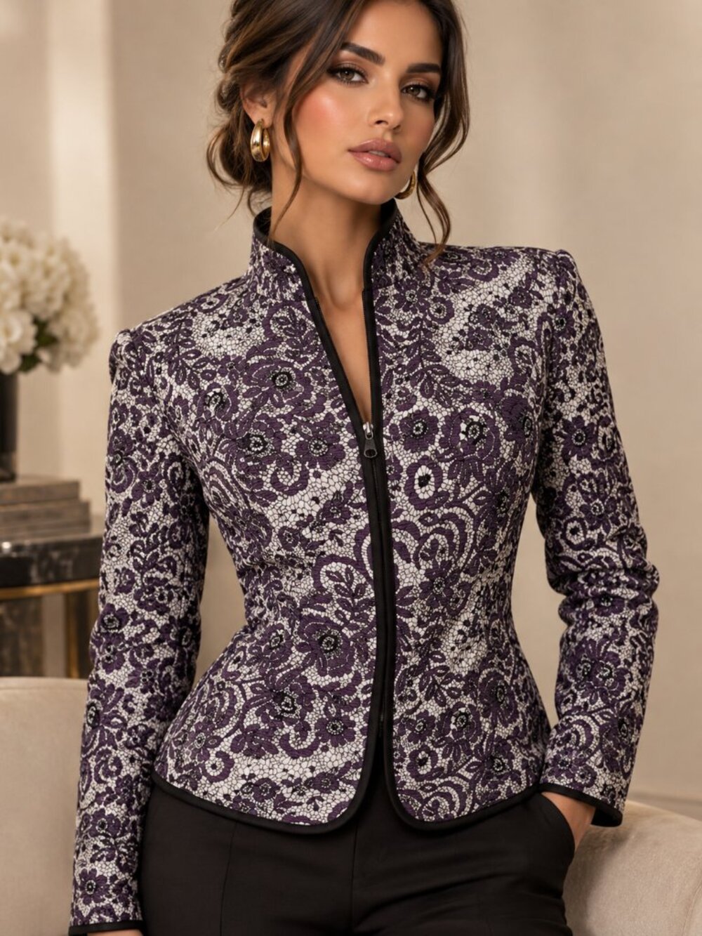 MSK Women’s Purple Floral Lace Print Paillette Zip Blazer Jacket Plus Size 2X